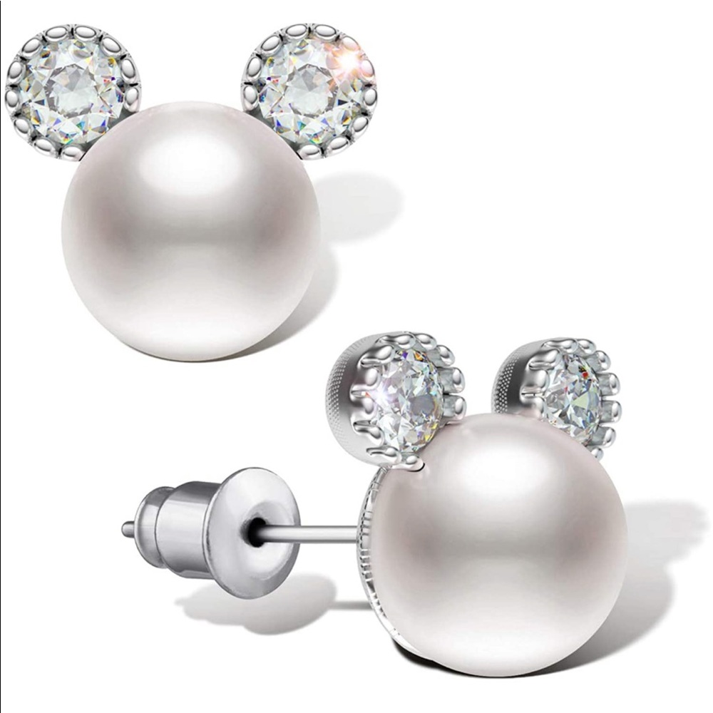 Girls  Pearl Stud Earrings , 7 mm CZ Cute Mouse